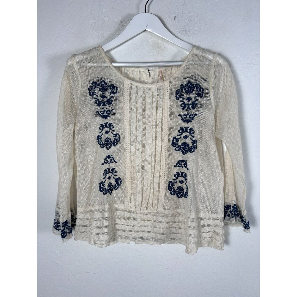 Free People Womens Jocelyn's Embroidered Ivory Blue Sheer Top Blouse Medium Boho